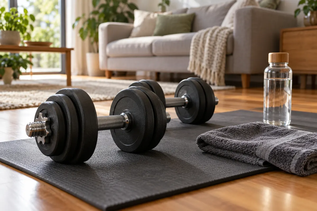 Гантели, полотенце и бутылка воды на коврике в гостиной