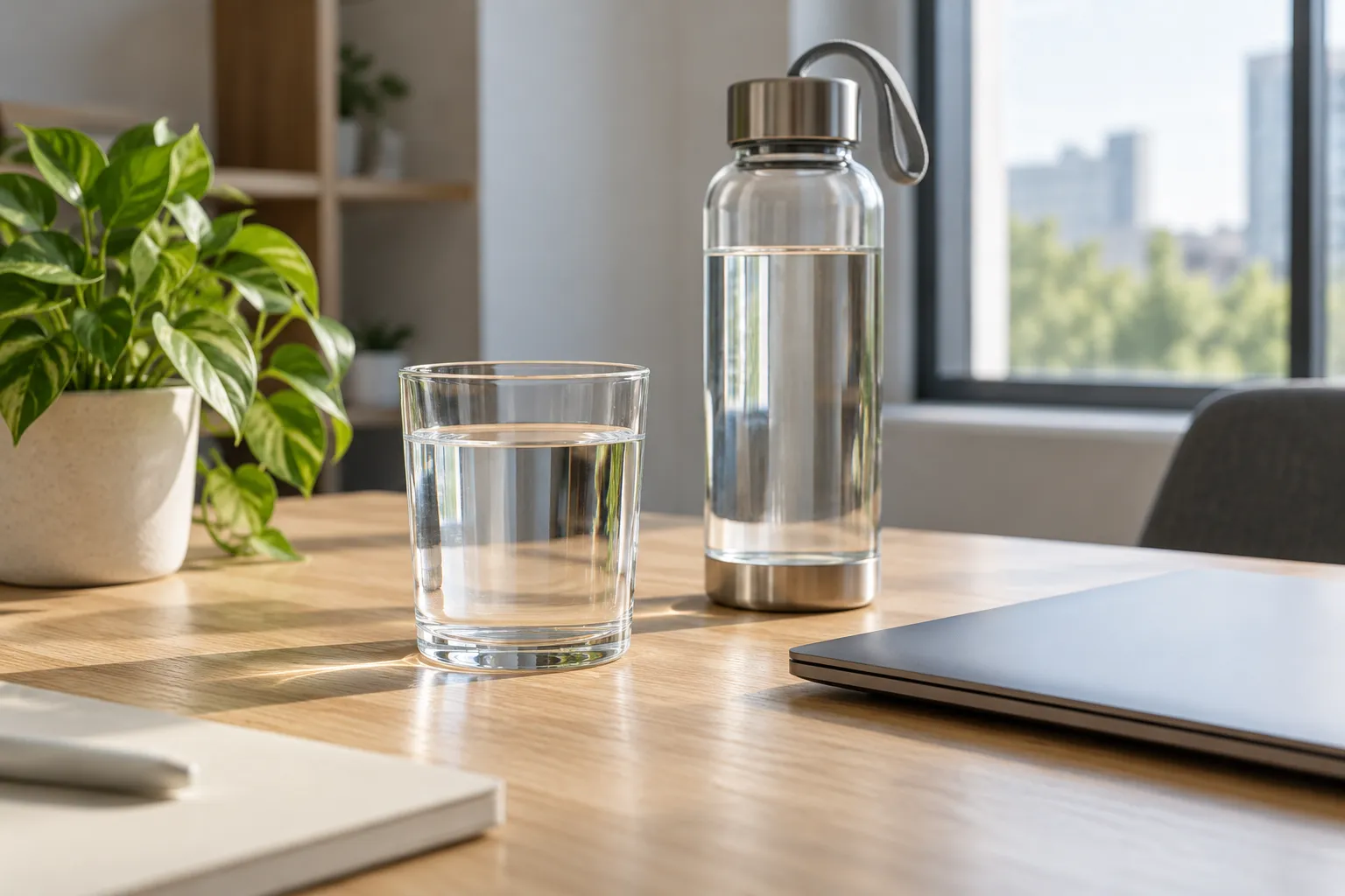 Рабочий стол у окна: стакан воды, бутылка и закрытый ноутбук
